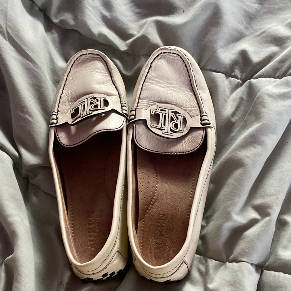 Ralph Lauren Cream Leather Loafers with Metallic Buckle